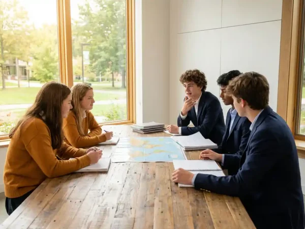Jugendliche verschiedener Herkunft diskutieren an einem Holztisch mit Schulbüchern und Weltkarte in einem modernen internationalen Klassenzimmer.