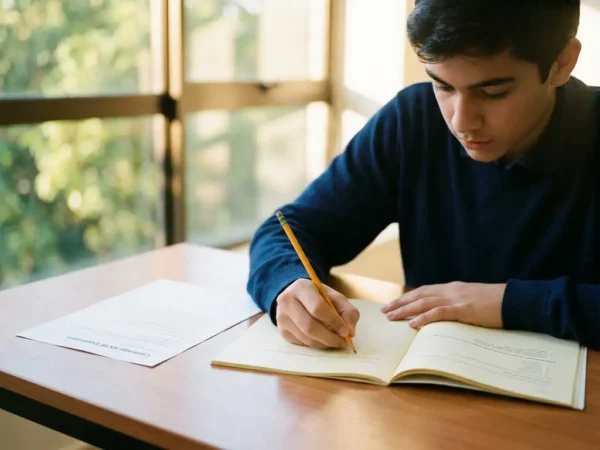 Teenager schreibt konzentriert in ein Prüfungsheft am Holztisch, Cambridge IGCSE-Prüfungsbogen und Bleistift daneben, helles Klassenzimmer.