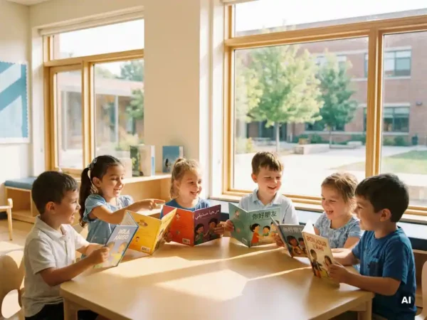 Kinder lachen gemeinsam am Klassentisch mit bunten Büchern in verschiedenen Sprachen, warmes Sonnenlicht durchflutet den modernen Schulraum.