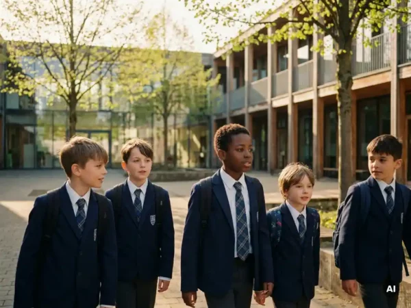 Schulkinder in Uniformen überqueren einen sonnendurchfluteten Innenhof einer modernen Schule am Rhein, umgeben von üppigem Grün.